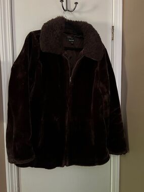 dennis basso Dark Brown Faux Fur Coat with Fur Trim
